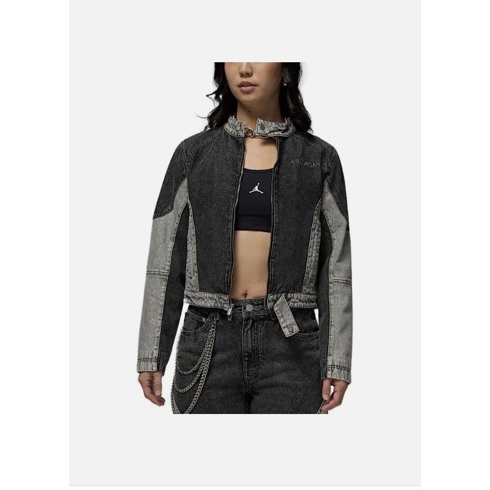 Nike Air Jordan Moto Denim Black/Grey Jacket Women Sz S New HF9431-010